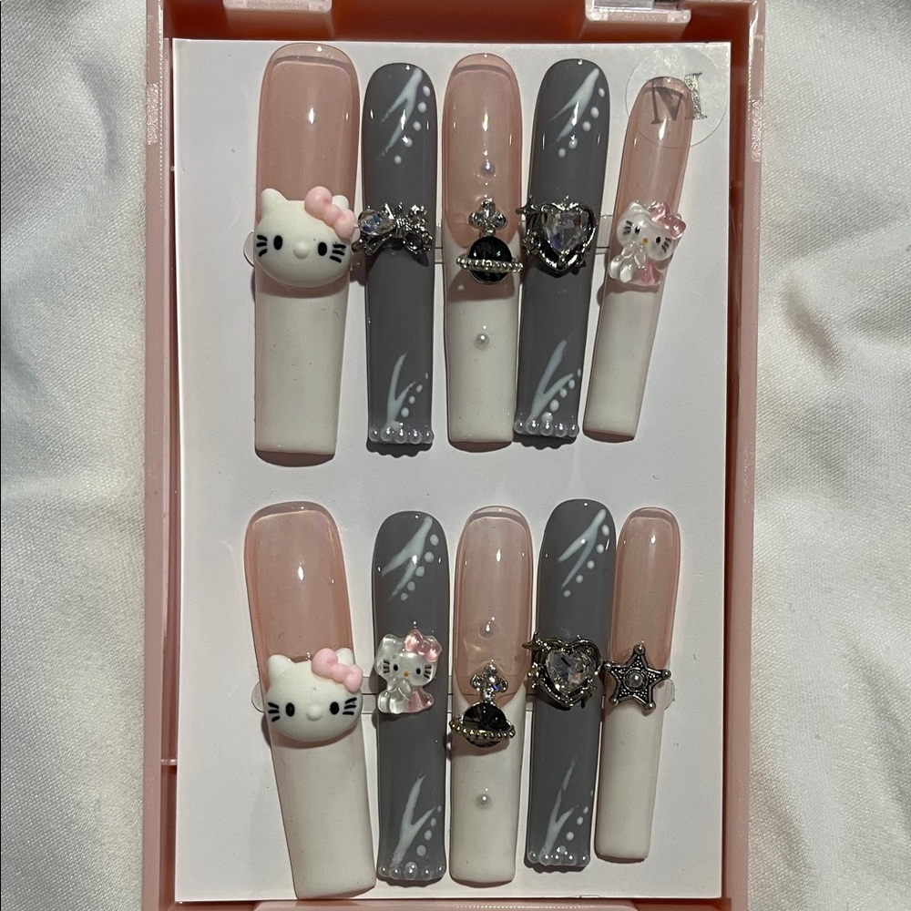 Cute Pink and Gray Nail Set with Charms Bling,Bling And Kitty